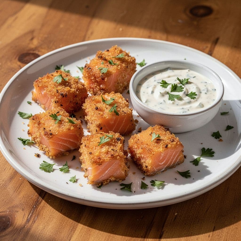 Crispy salmon bites served on a ceramic plate with a side of creamy dipping sauce.