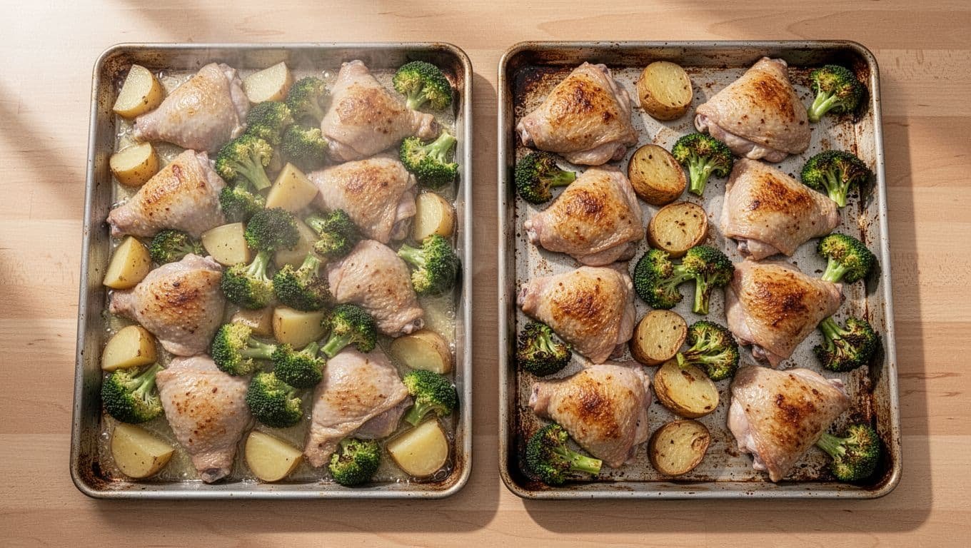 Overhead view shows left sheet pan overcrowded with pale soggy chicken, potatoes, broccoli; right pan has evenly spaced golden roasted ingredients.