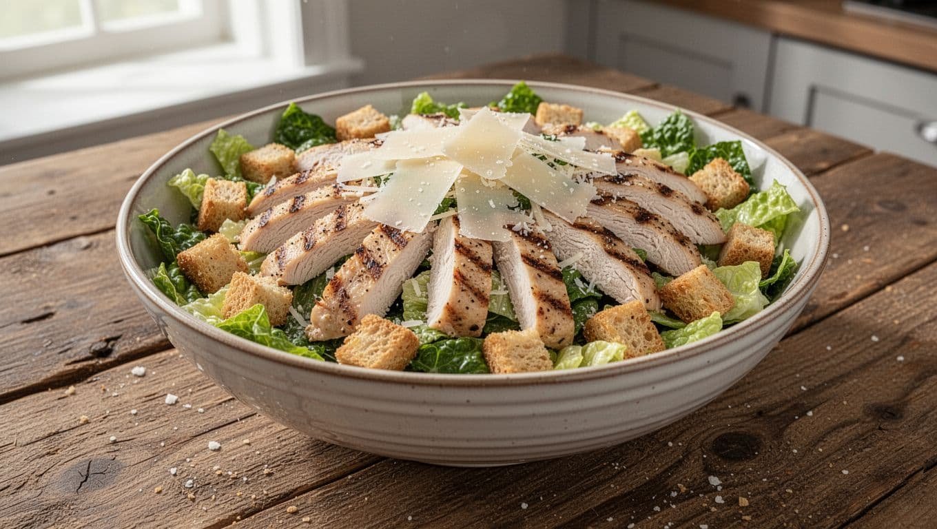 Large bowl of Chicken Caesar salad with grilled chicken slices, chopped romaine, shaved Parmesan, and golden croutons on wooden table.