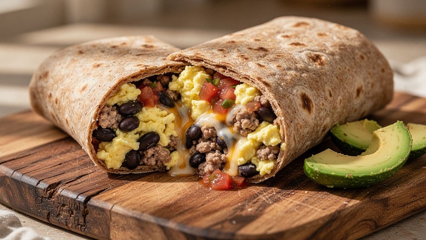 Halved breakfast burrito on wooden board reveals scrambled eggs, black beans, ground turkey, cheese, salsa in whole wheat tortilla, with avocado slices aside.