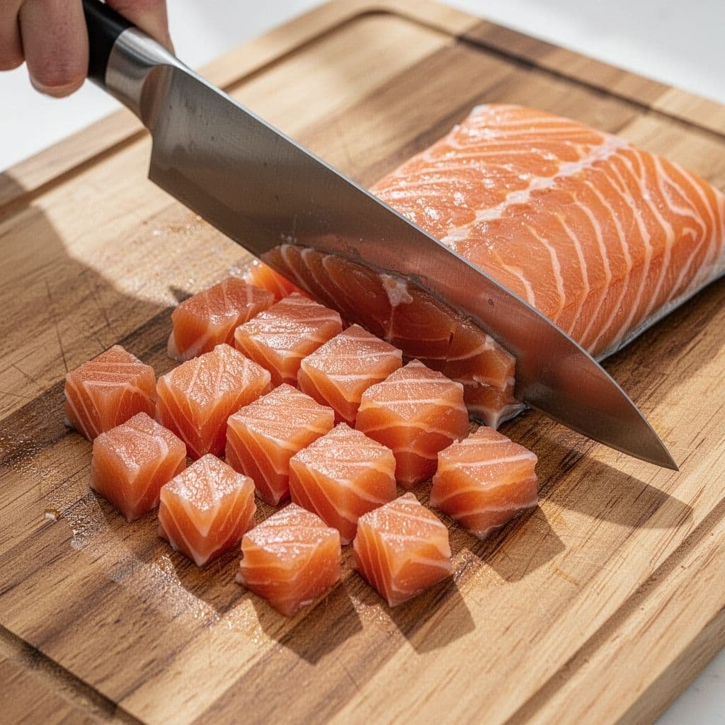 A sharp knife cuts a fresh salmon fillet into precise uniform cubes on a wooden cutting board.