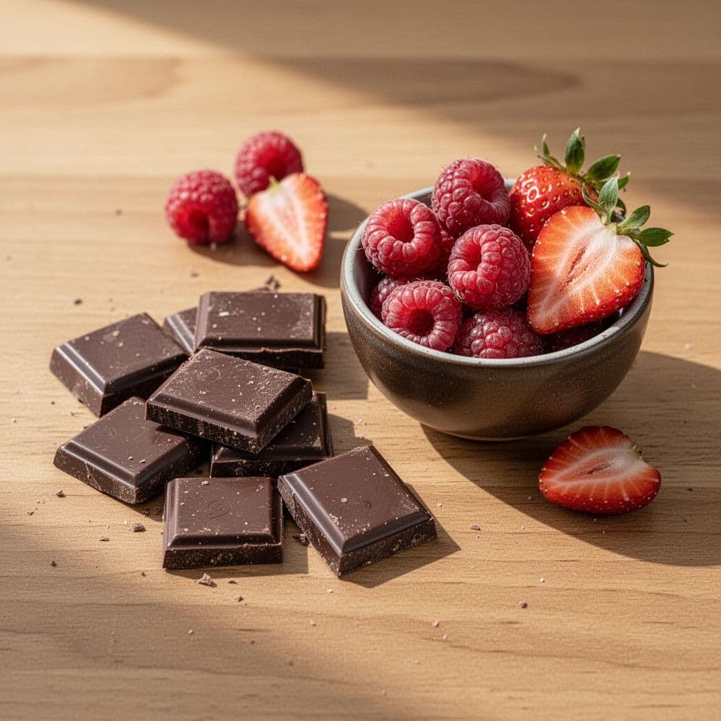 Dark chocolate squares sit alongside fresh raspberries and sliced strawberries on a wooden surface.