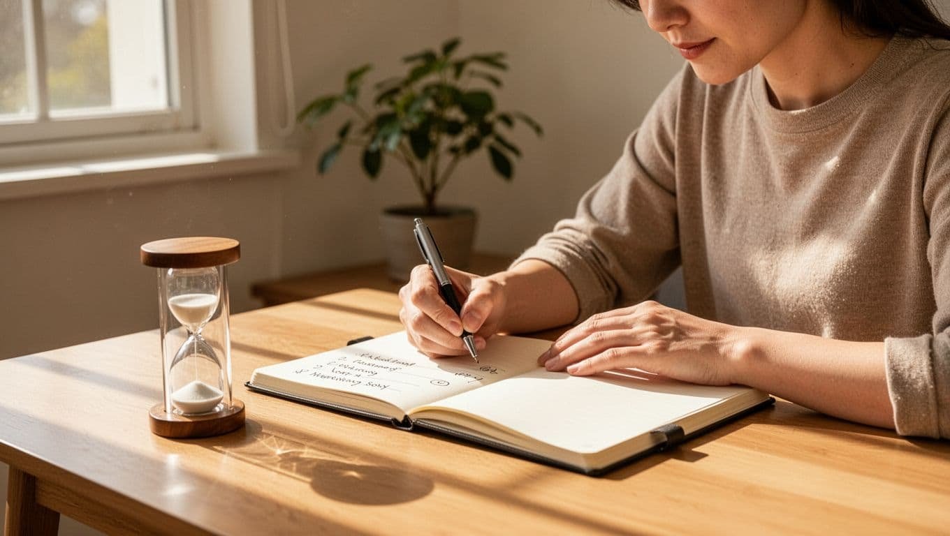 Adult at home desk in bright window light writes in open notebook with pen and 20-minute timer nearby.