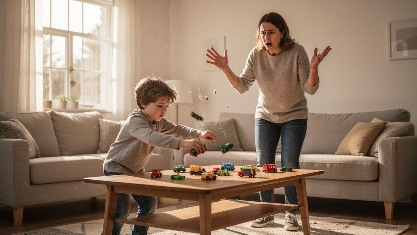 8-year-old child defiantly pushes toys off low table in sunny living room, parent nearby looks exasperated raising hands in surrender.