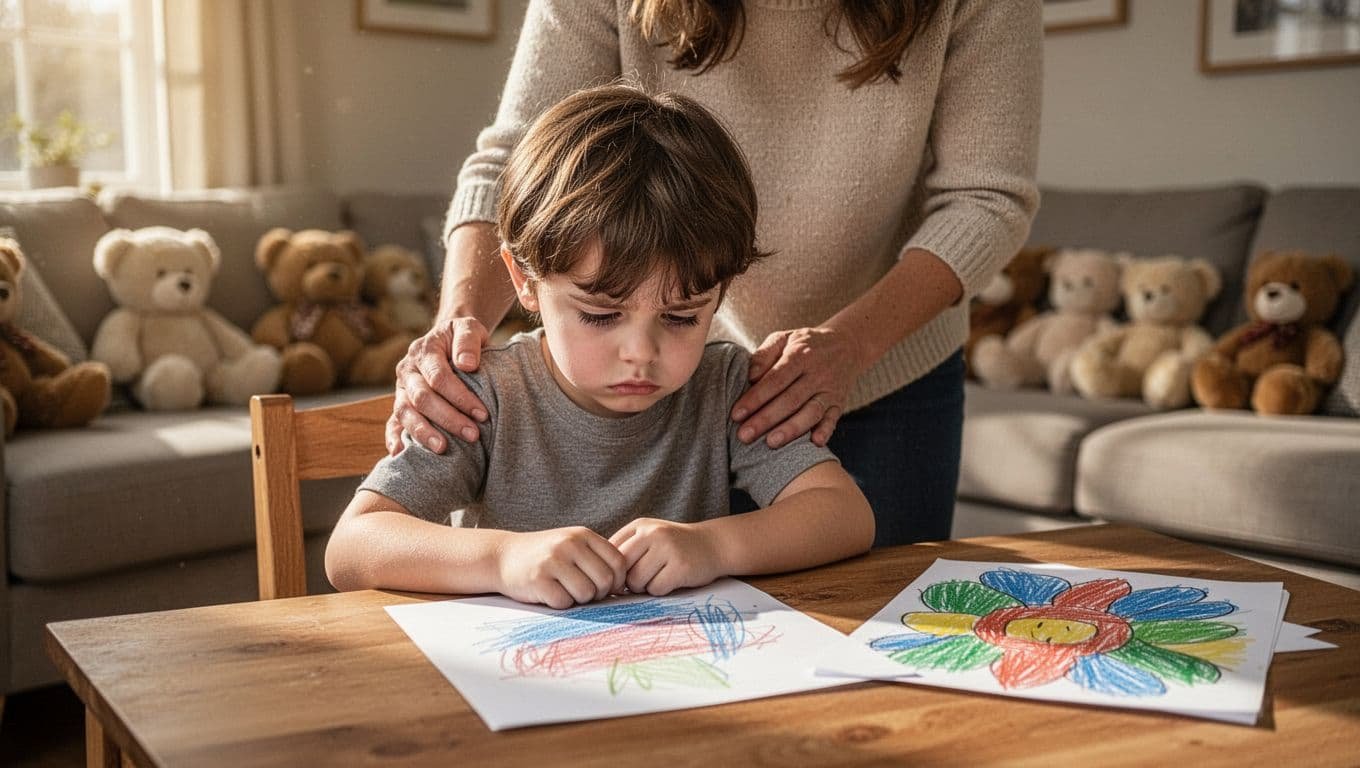 Young child looks sadly at drawing on table while parent hugs proud sibling holding better drawing in blurred living room background.