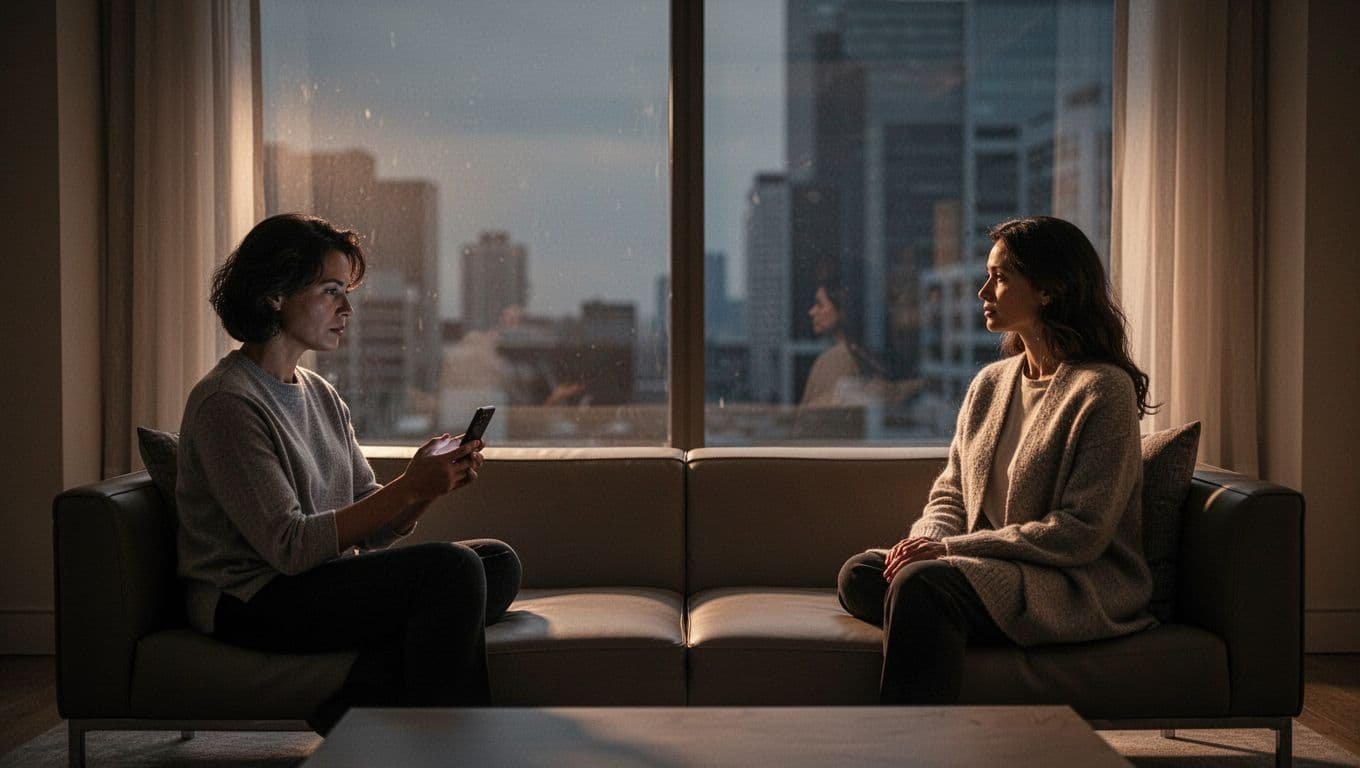 Couple on couch facing away with space between, one on phone, other at window, dim warm light.