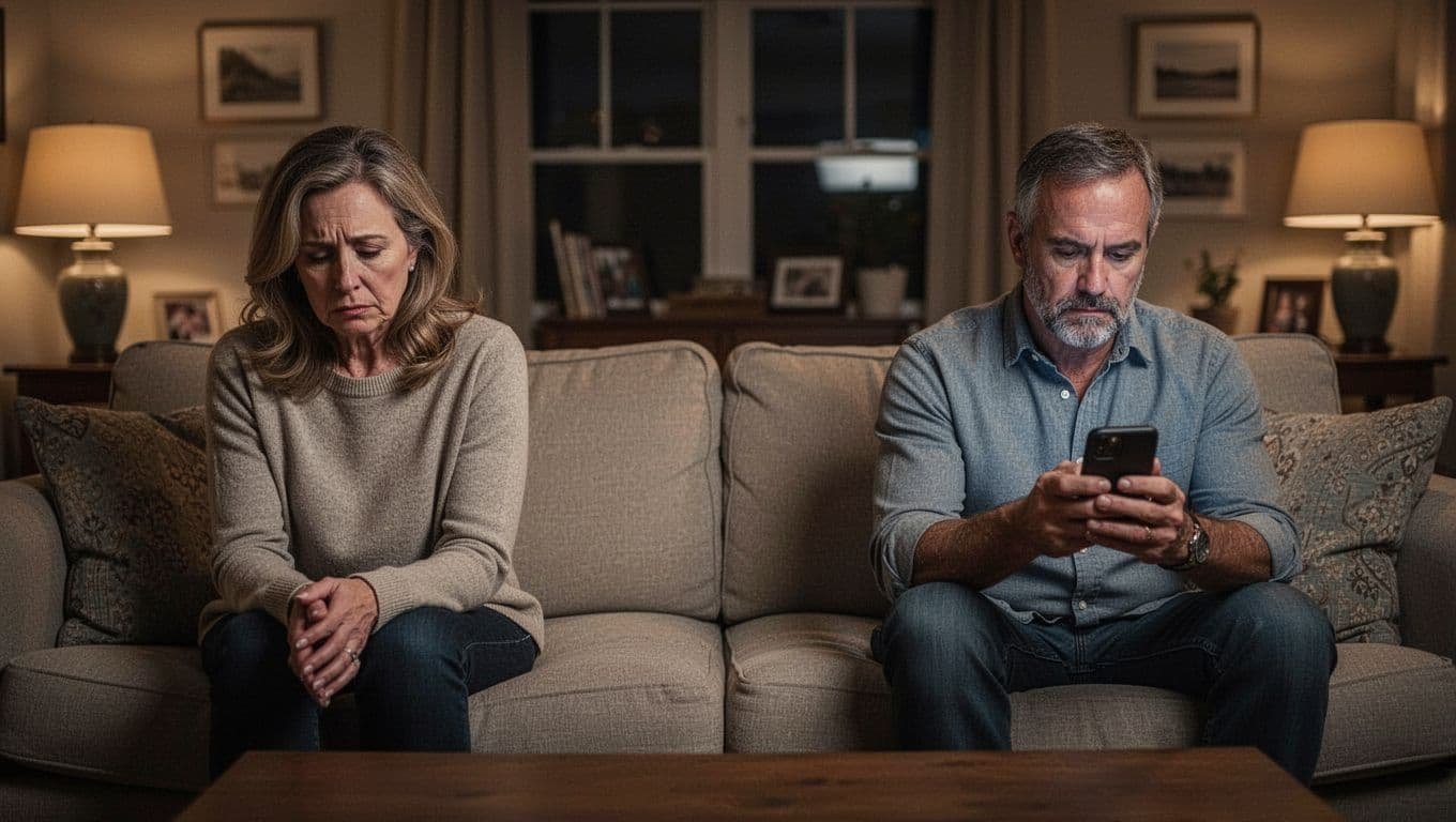 Middle-aged couple sits far apart on living room couch in evening light, woman gazes sadly at floor, man stares at phone.