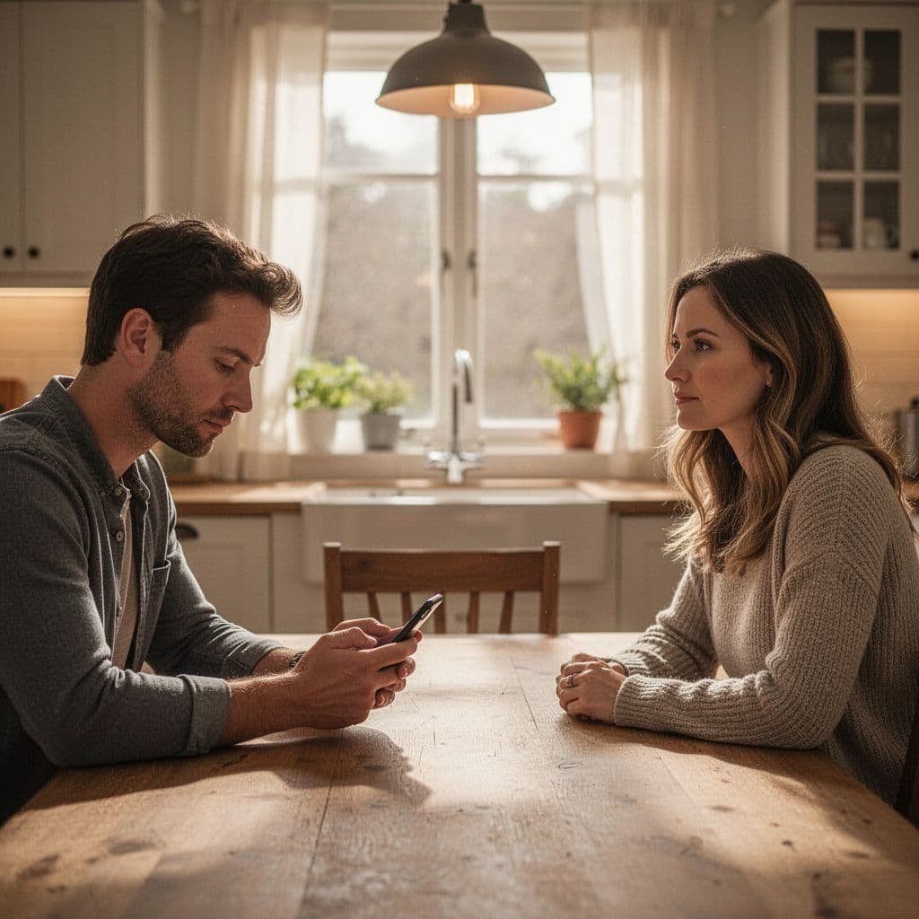 Man and woman sit at home dining table, one looks at smartphone, other stares away silently.
