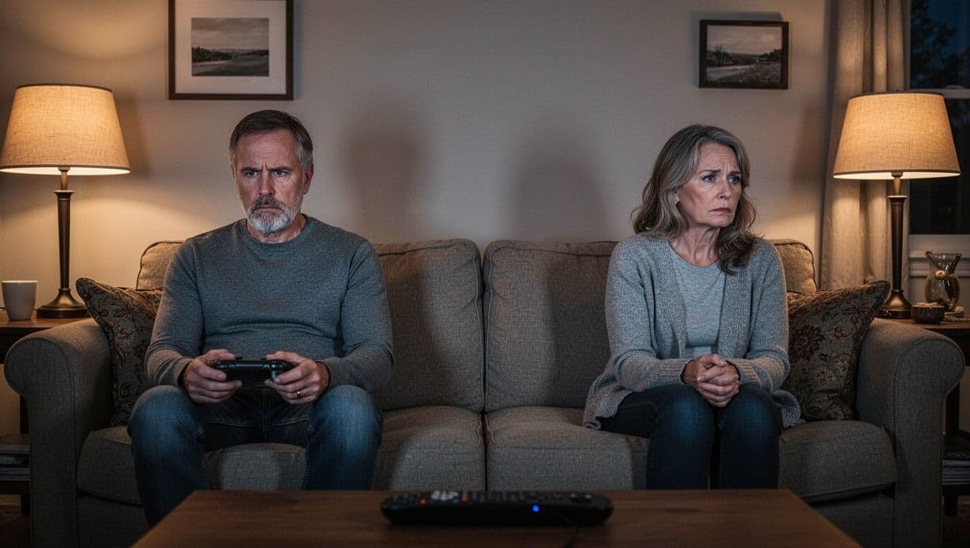 Middle-aged couple sits on opposite couch ends in evening living room, he bored at TV, she glances sadly sideways.