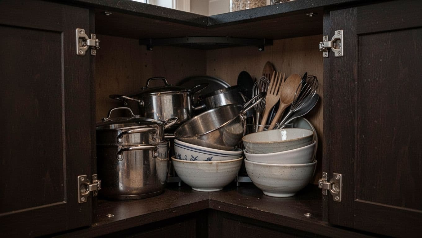Dark corner kitchen cabinet interior with pots, bowls, and utensils in unreachable disorganized pile.
