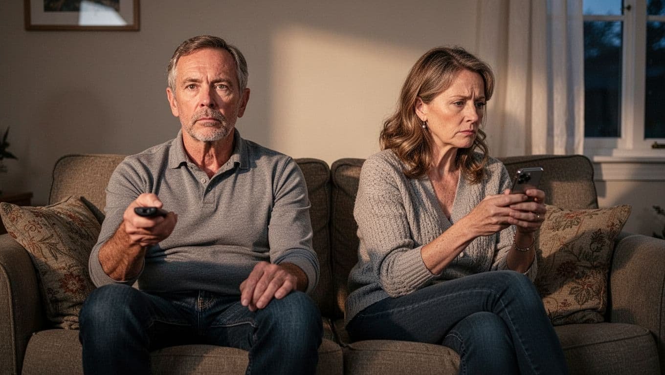 Middle-aged couple sits far apart on couch; husband blankly watches TV holding remote, wife views angled phone.