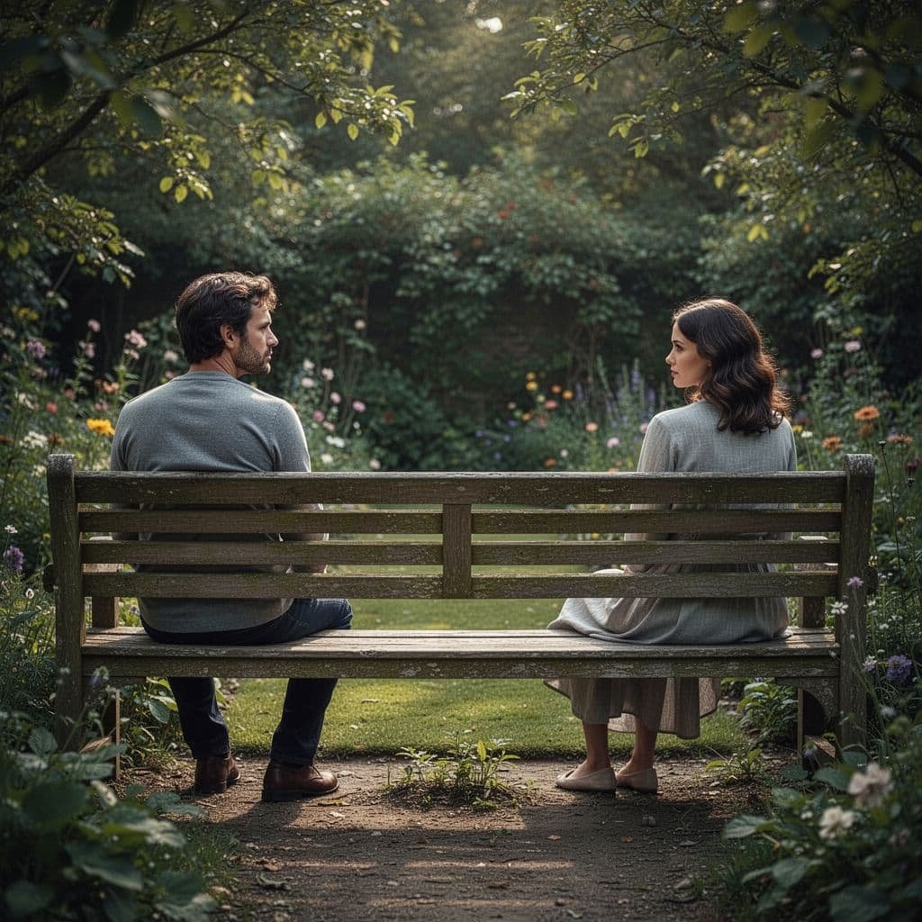 A man and woman sit on opposite ends of a long wooden bench in a garden, facing away from each other.