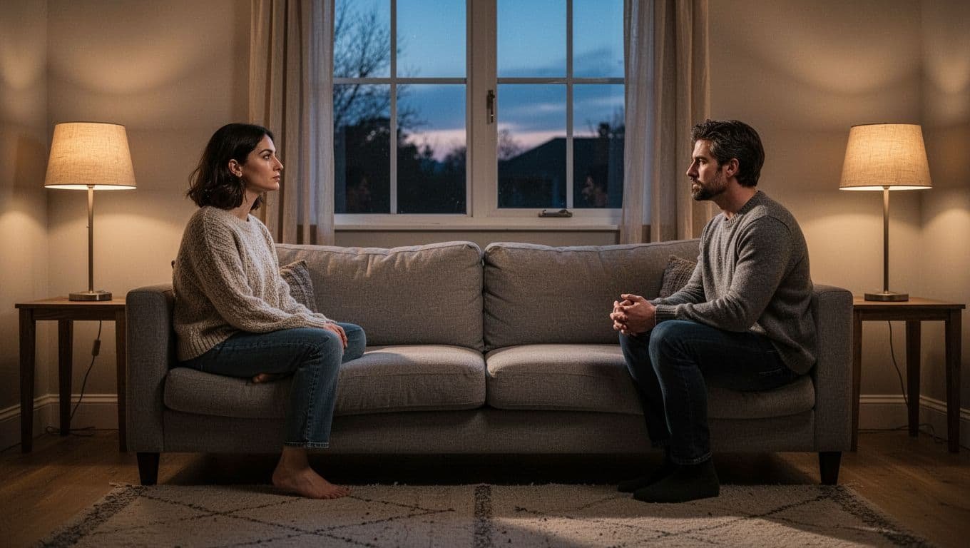 Couple sits on opposite sofa ends in living room at dusk, facing away, one gazes out window, other at hands.