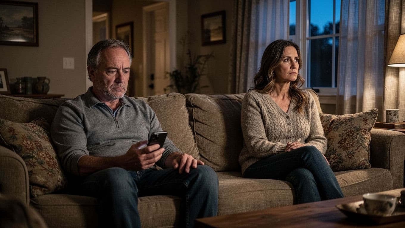Middle-aged couple sits far apart on couch in dim living room, husband blankly at phone, wife sadly out window.