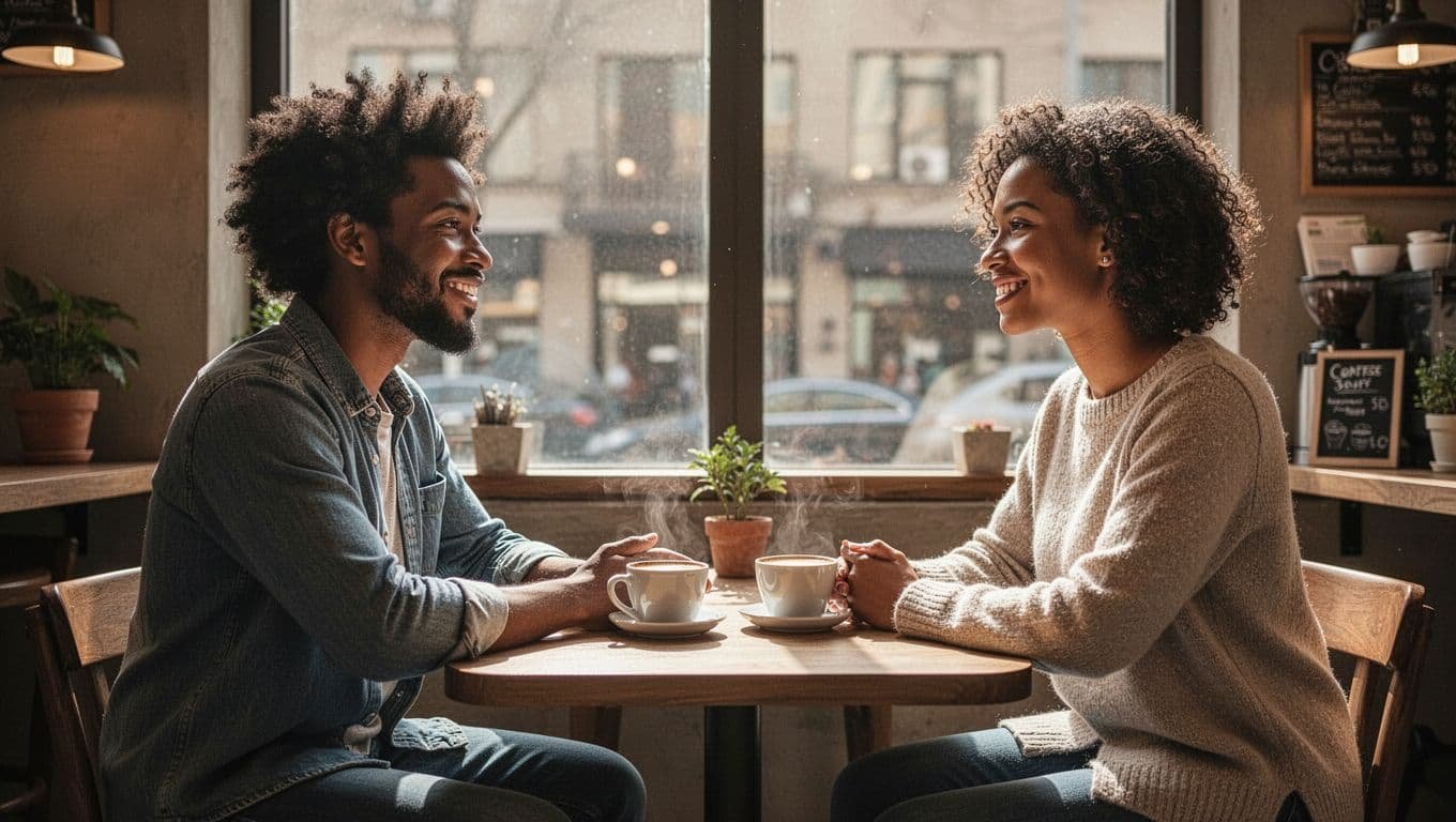 Two diverse adults sit across a small table in a cozy coffee shop, facing each other with calm smiles and steady eye contact.
