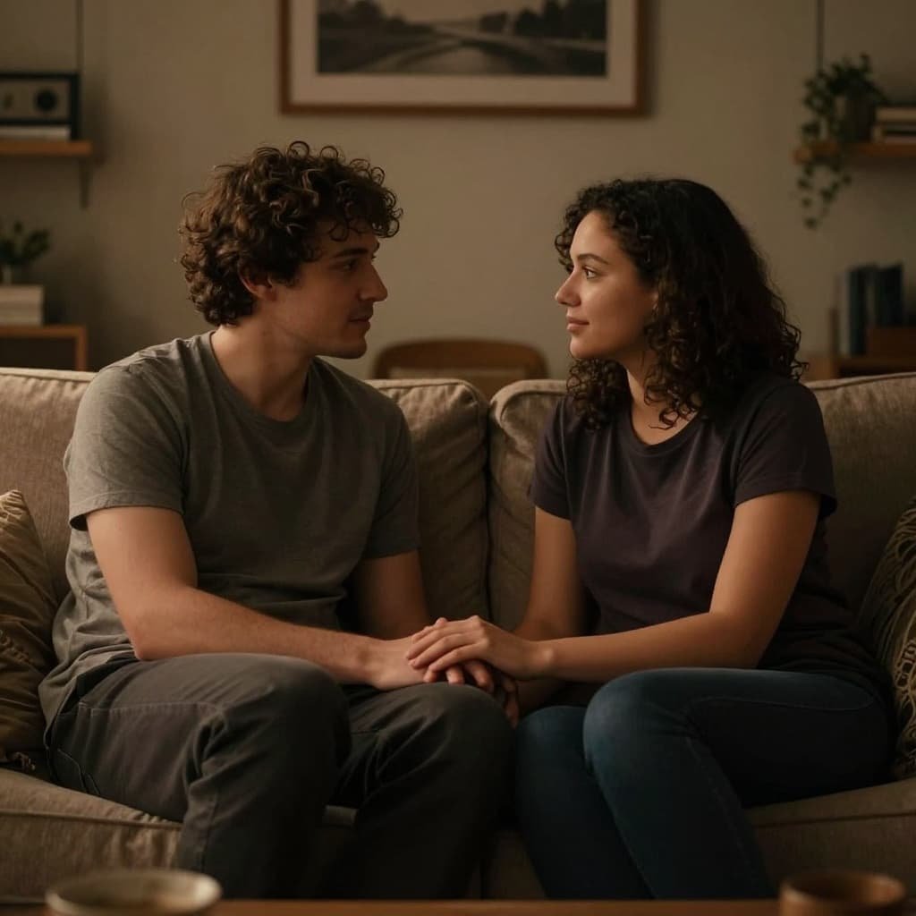 Diverse couple sits close on sofa in cozy living room, talking face-to-face while holding hands.