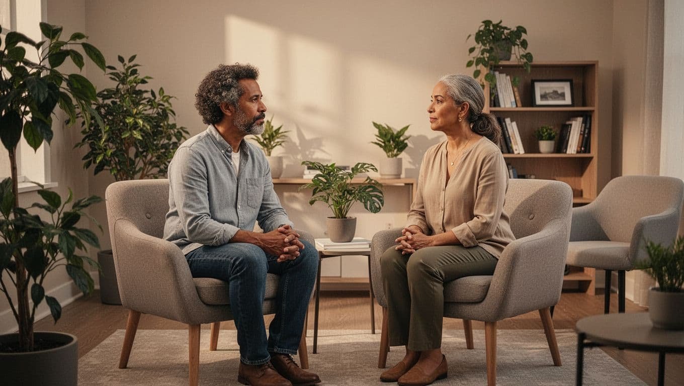 Diverse middle-aged couple sits facing empty therapist chair in calming office with plants and bookshelf.