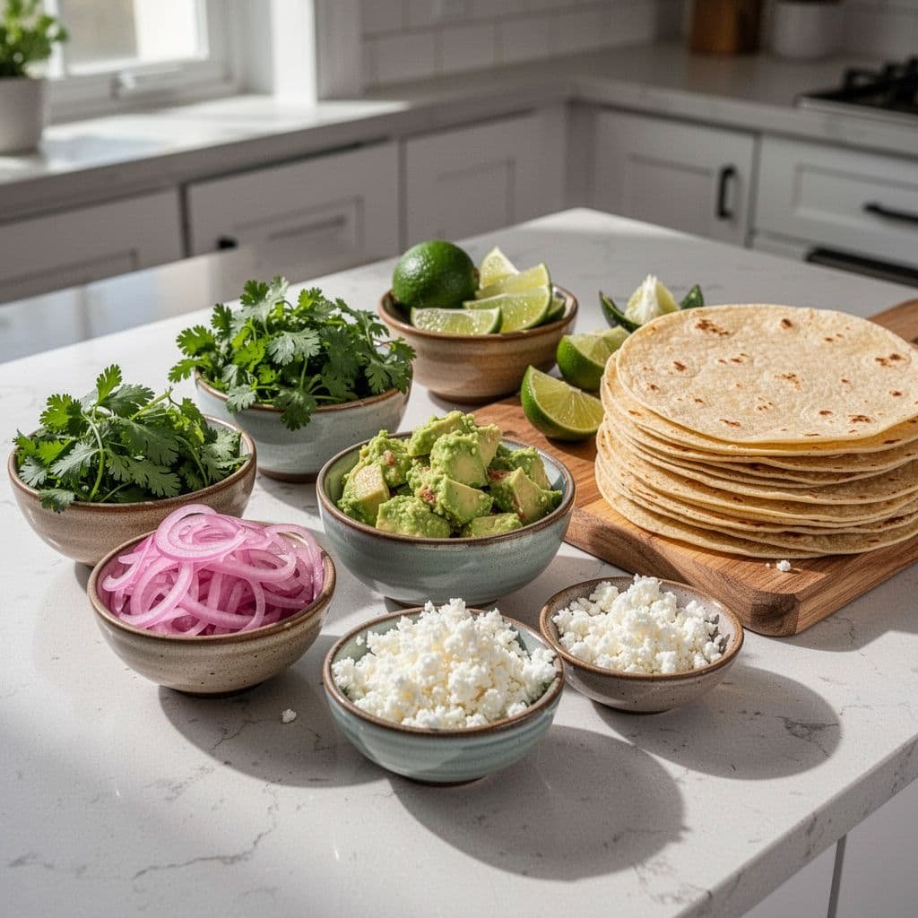 A kitchen counter displays a variety of fresh taco toppings in small bowls with warm tortillas.