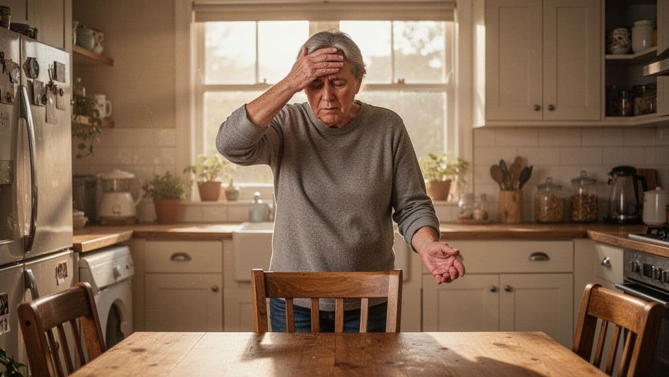 Middle-aged person rises from wooden chair at kitchen table, hand on forehead, looking lightheaded with blurred vision.