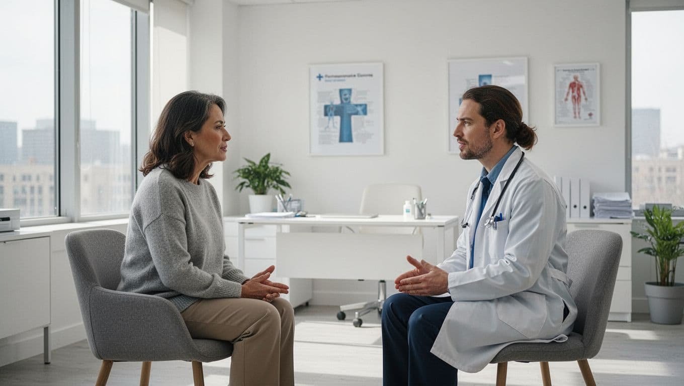 A patient and doctor sit in a bright office having a supportive, private conversation.