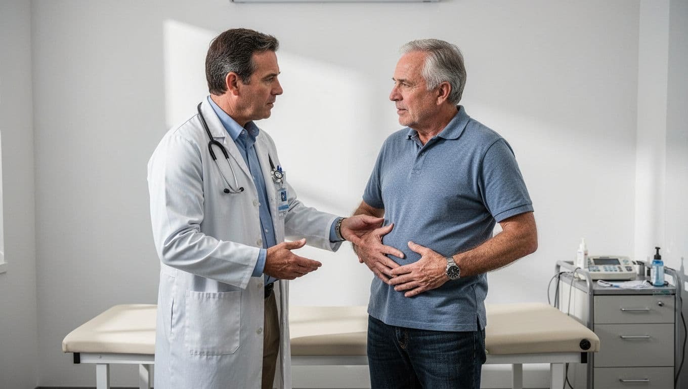 Doctor in white coat talks with middle-aged patient pointing to abdomen in exam room.