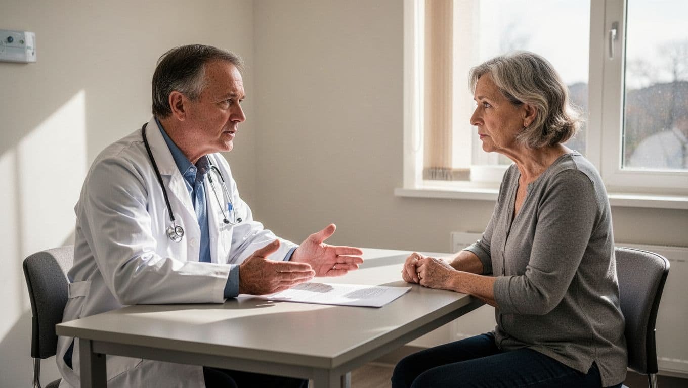 Middle-aged doctor in white coat points to blood test report on desk across from concerned middle-aged patient in bright exam room.