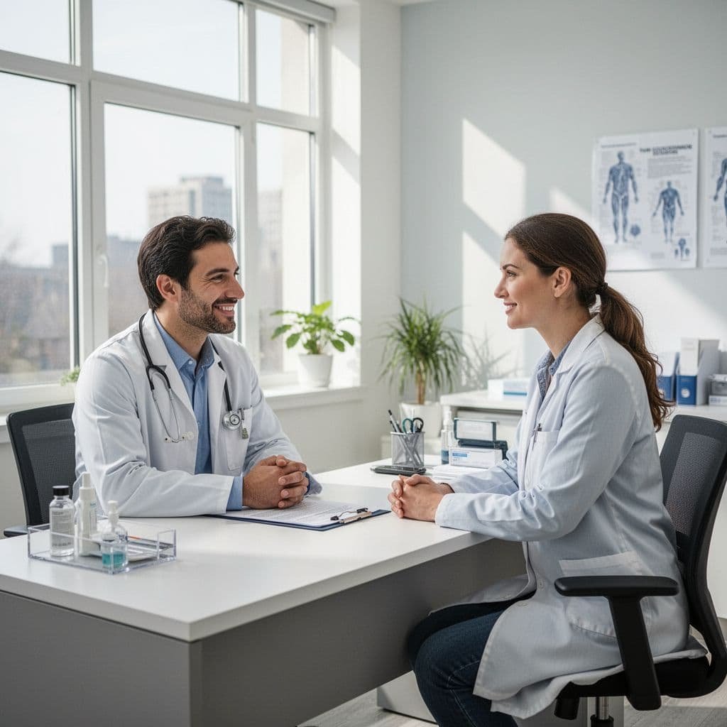 Doctor and patient sit across desk in bright clean office.