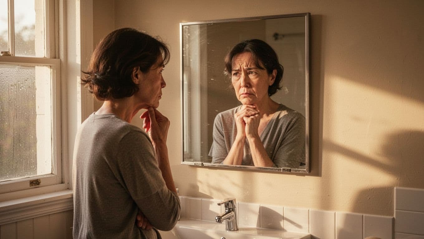 Adult stands before bathroom mirror with slight frown and hand near chin, morning sunlight filtering through window.