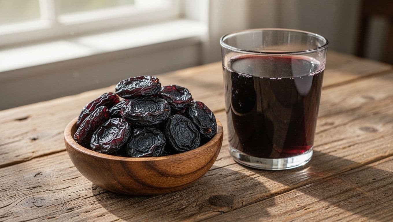 Dried prunes in small wooden bowl next to glass of dark prune juice on rustic table.