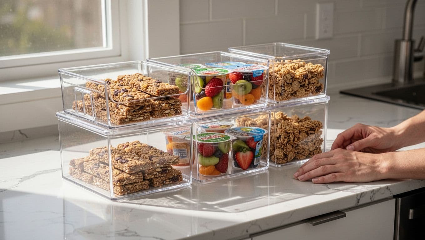 Clear acrylic bins on kitchen counter hold cereal bars, fruit cups, and granola for easy access.