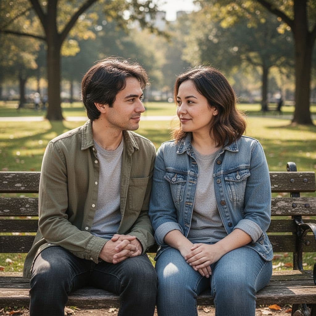Two people sit close on a park bench, one looking at the other with a soft supportive expression.