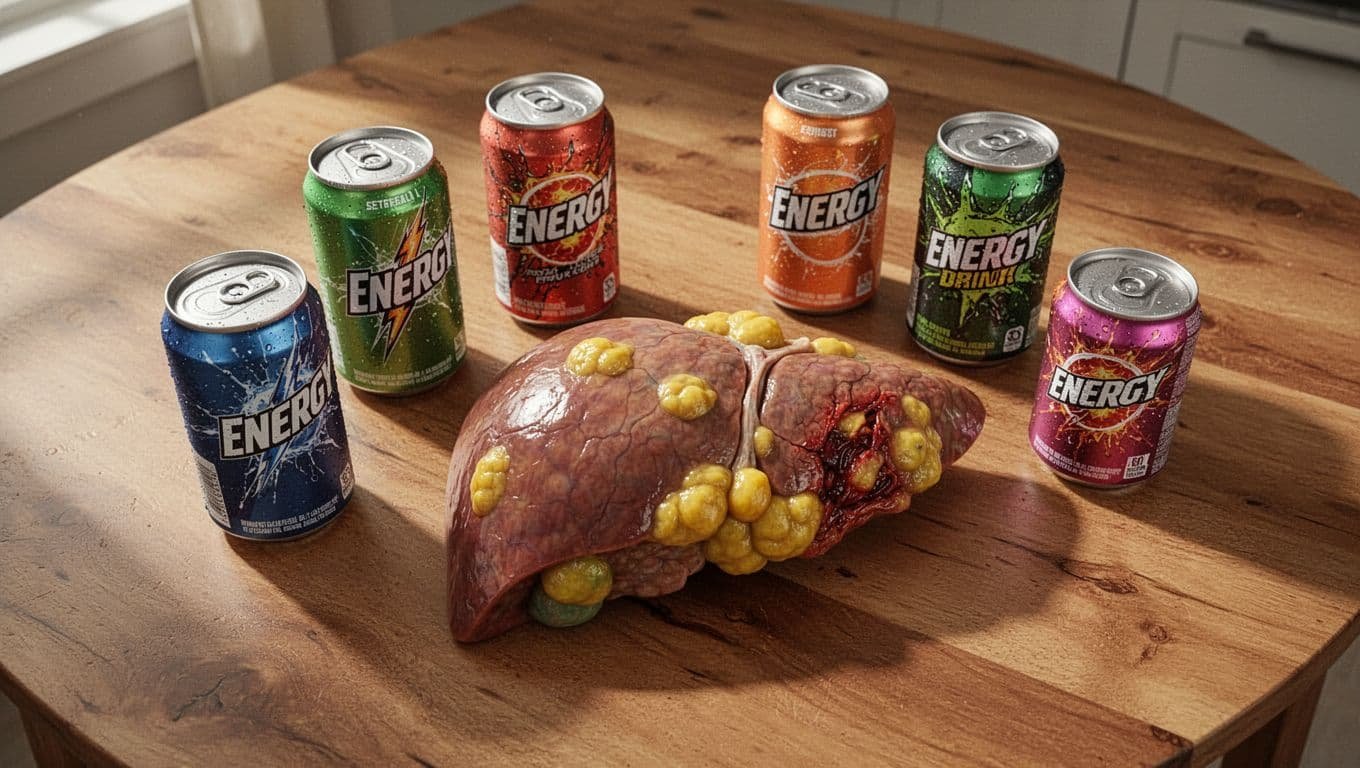 Colorful energy drink cans on wooden kitchen table beside liver model with yellow fatty deposits and inflammation.