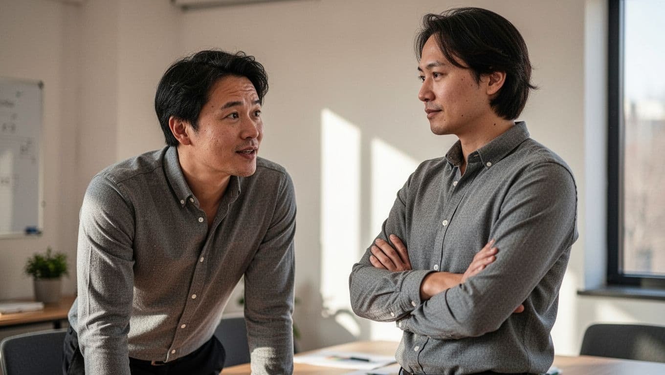 One professional faces another with open posture and lean-in; the other turns away with crossed arms in a casual meeting room.