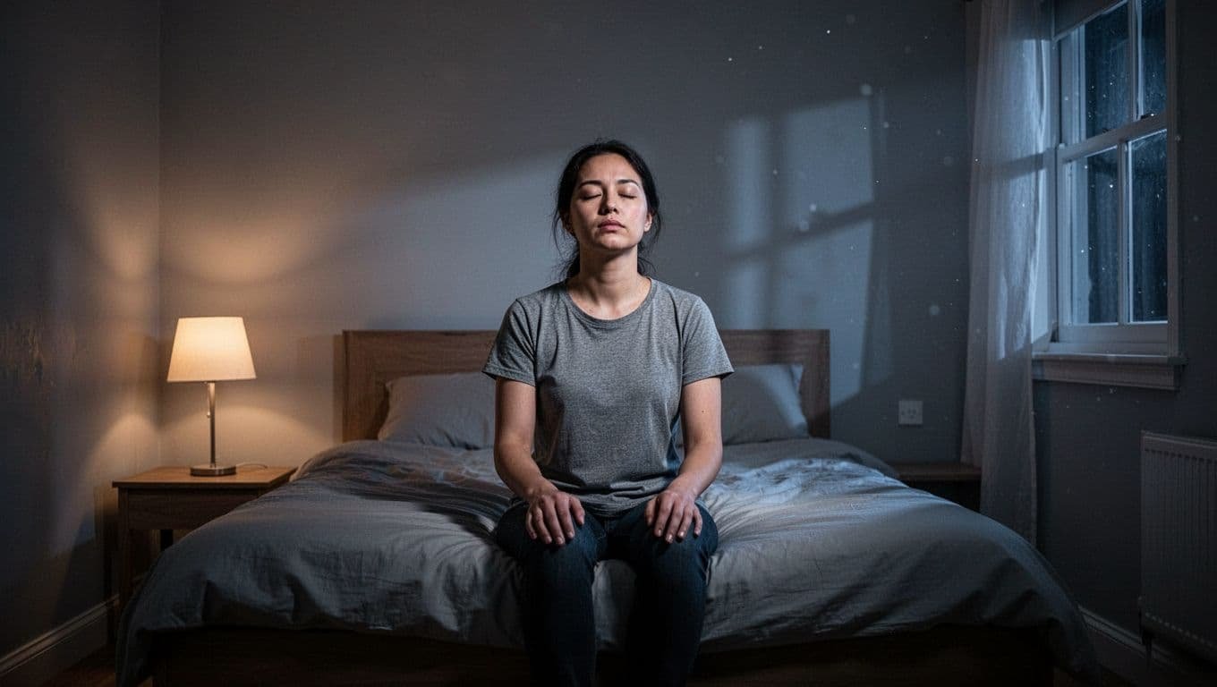 Person sits on bed edge in dim bedroom, eyes closed, hands on knees, lit by lamp and moonlight.