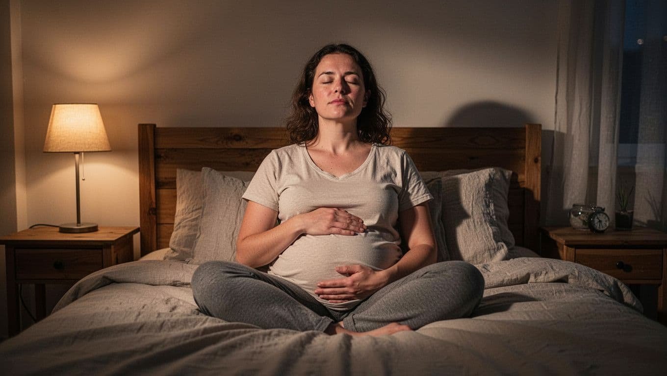 One person sits on bed in dimly lit bedroom, eyes closed, hands on belly, relaxed posture.