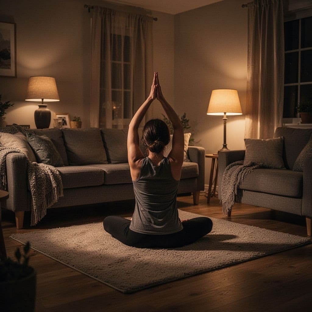 Person does gentle yoga stretches in dimly lit cozy living room with warm lamp light.