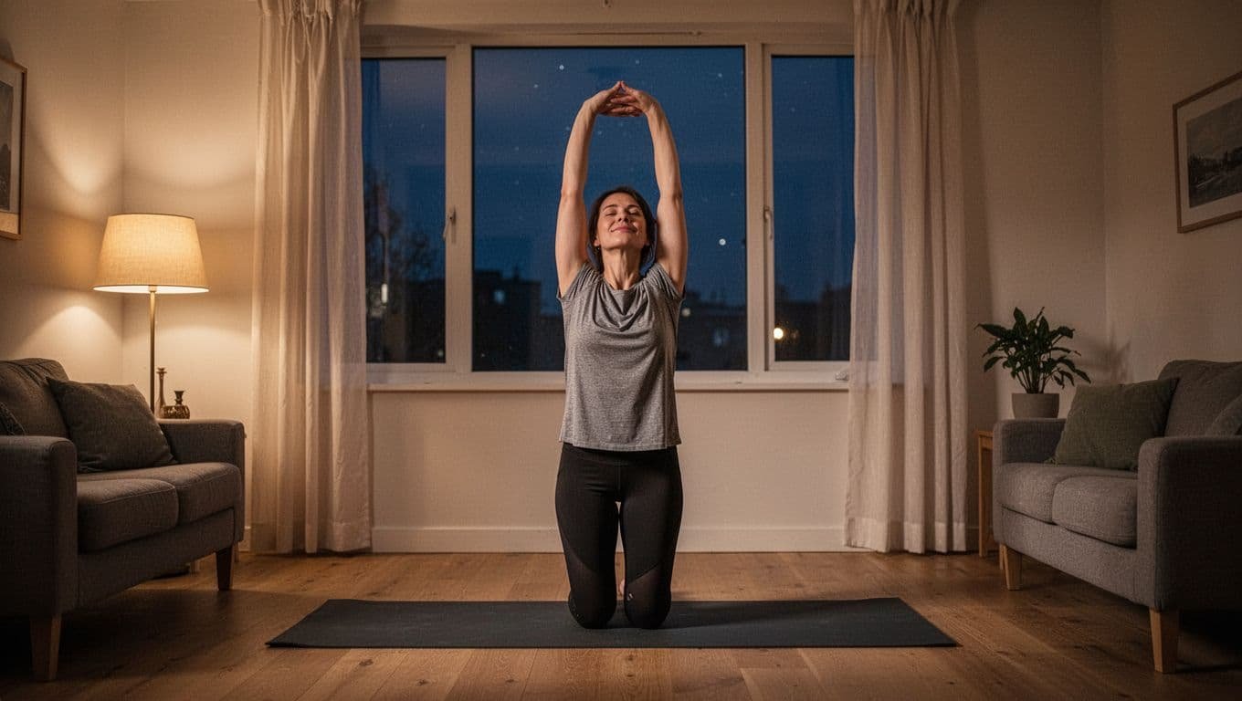 Person stretches on yoga mat in softly lit living room, arms overhead, relaxed face, night view window behind.