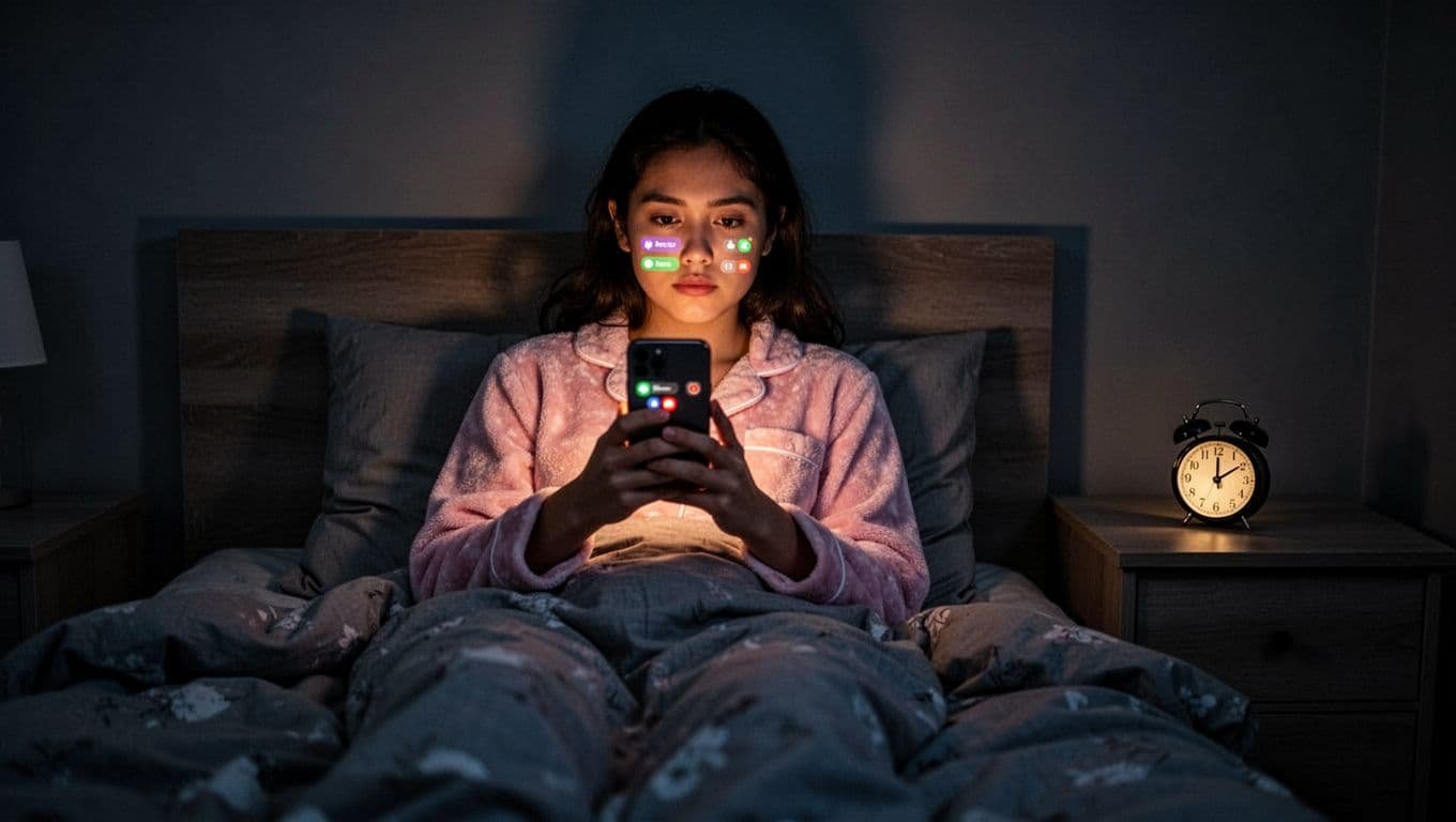 Exhausted young adult in pajamas sits up in dark bedroom, face lit by smartphone notifications near 11 PM alarm clock.