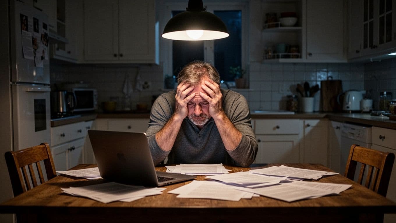 Middle-aged man sits alone at kitchen table late at night, head in hands amid scattered laptop and papers.
