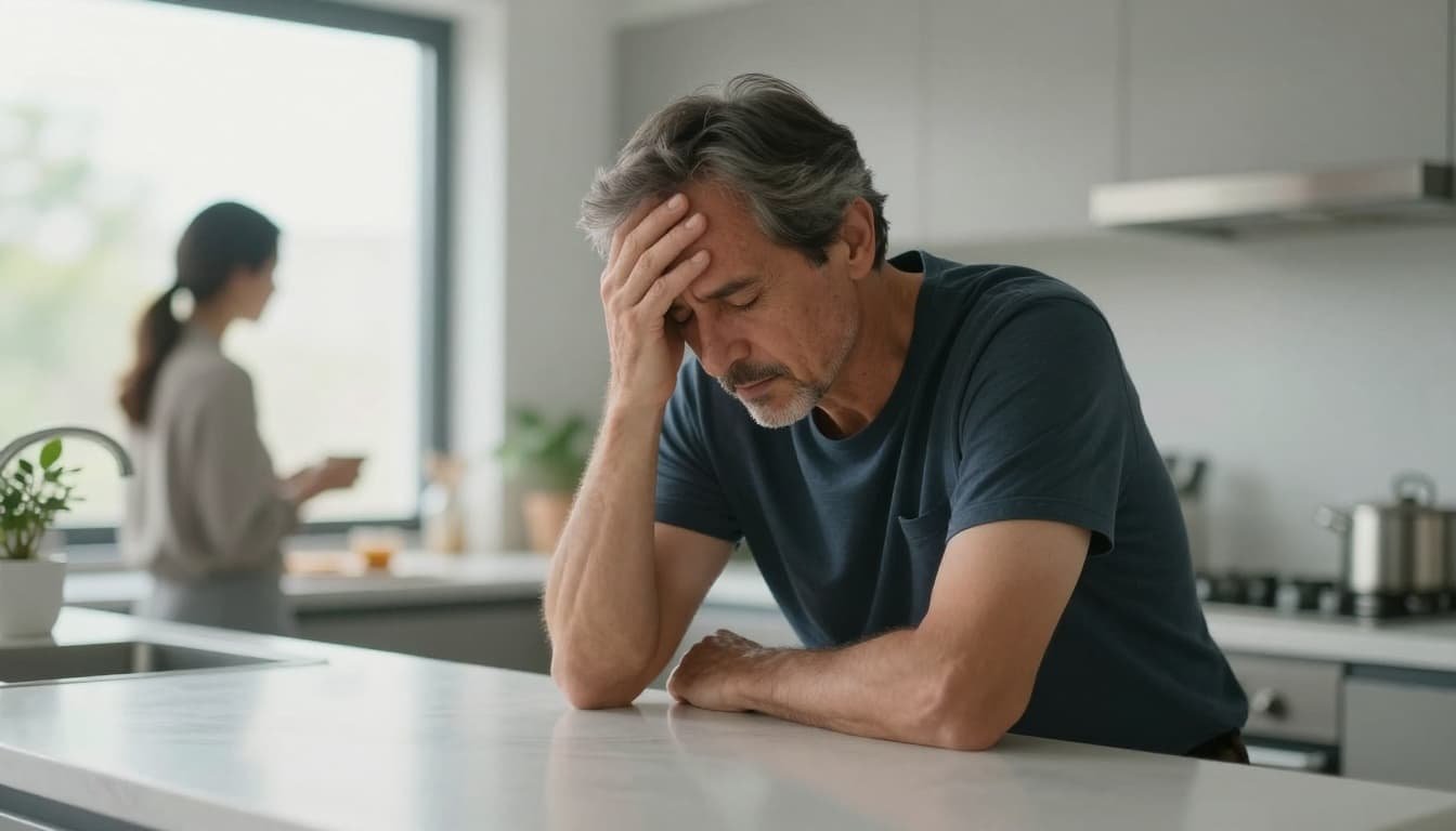 Middle-aged man by kitchen counter, hand on forehead, eyes closed, slumped shoulders, morning light from window.