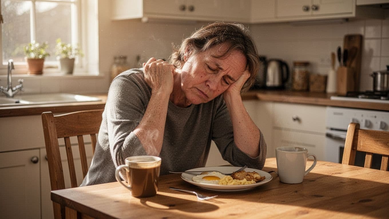 Middle-aged person slumped at kitchen table in soft morning light, head on hand, half-closed eyes with dark circles, untouched coffee nearby.