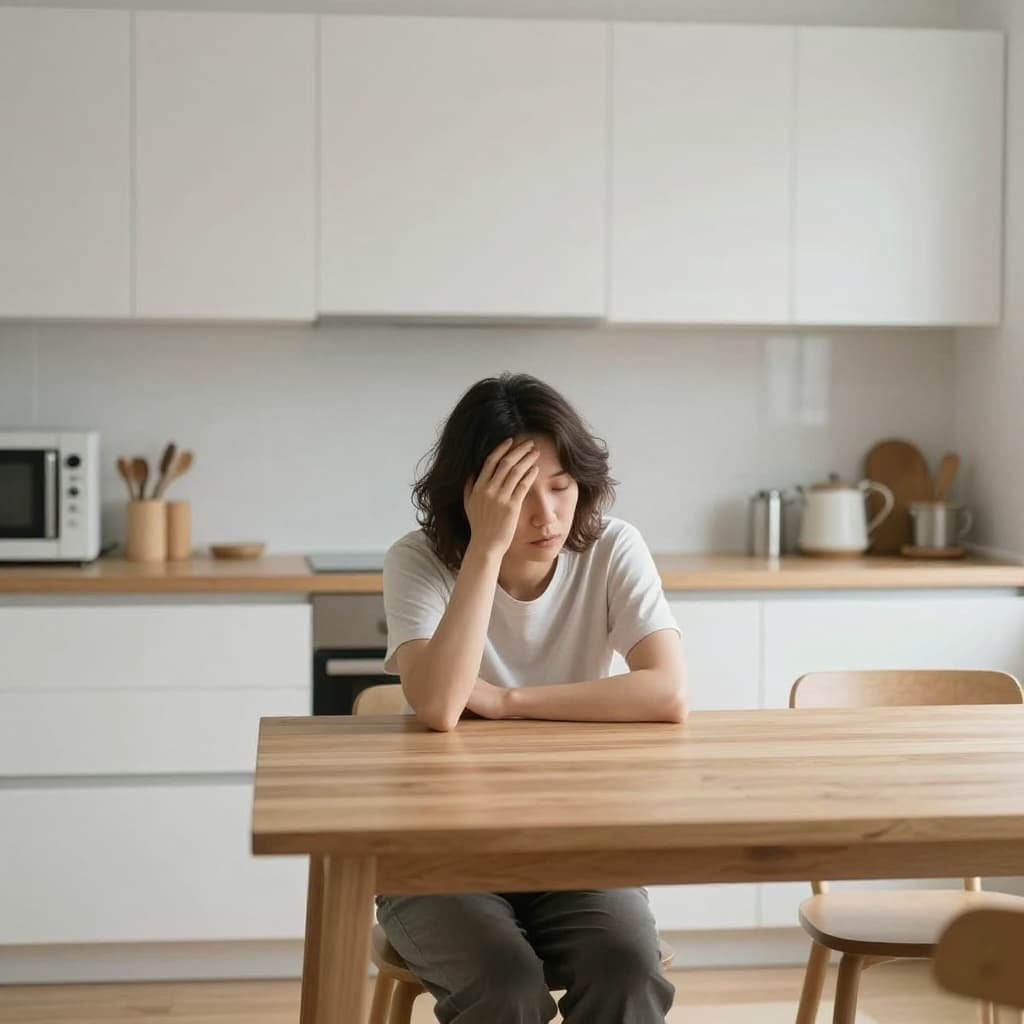 A person sits alone at a kitchen table, looking exhausted and distant in soft natural light.