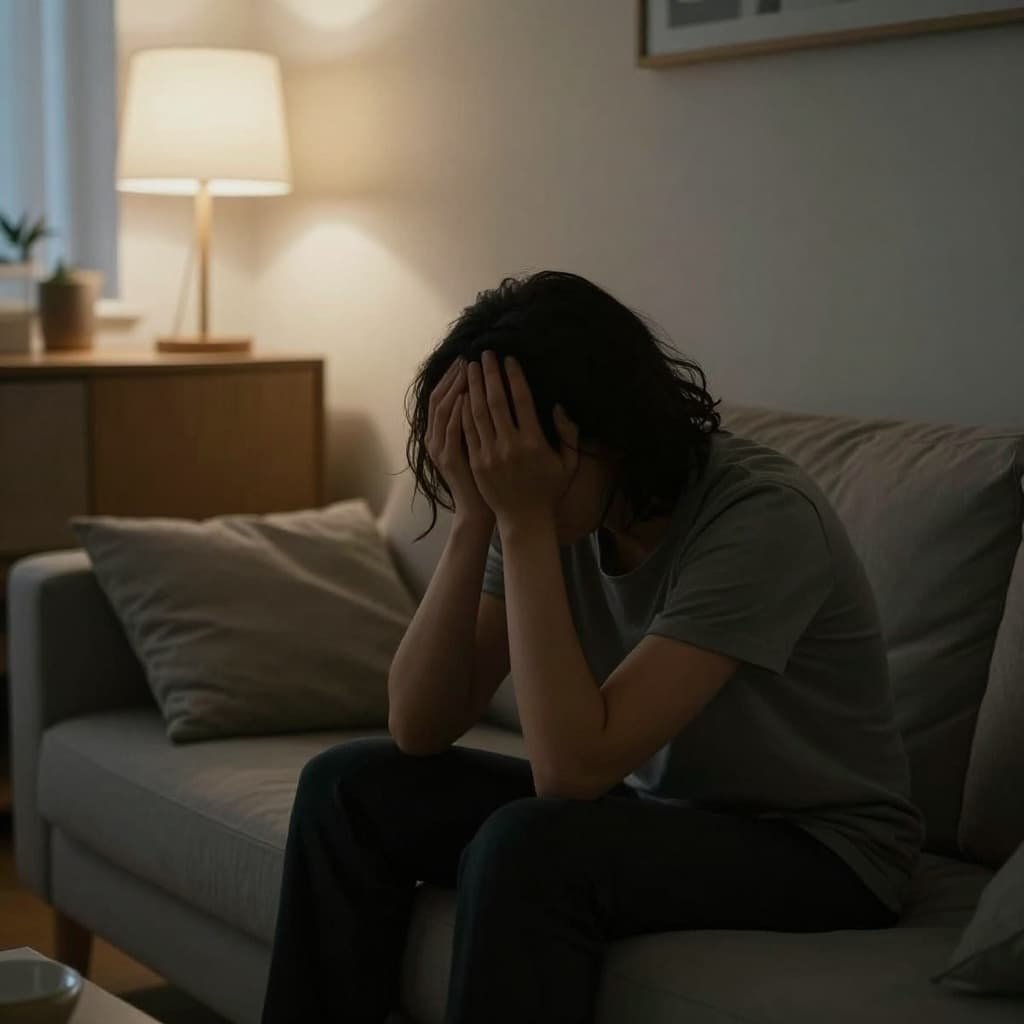 Exhausted person sits on couch in dimly lit living room at night, head in hands.