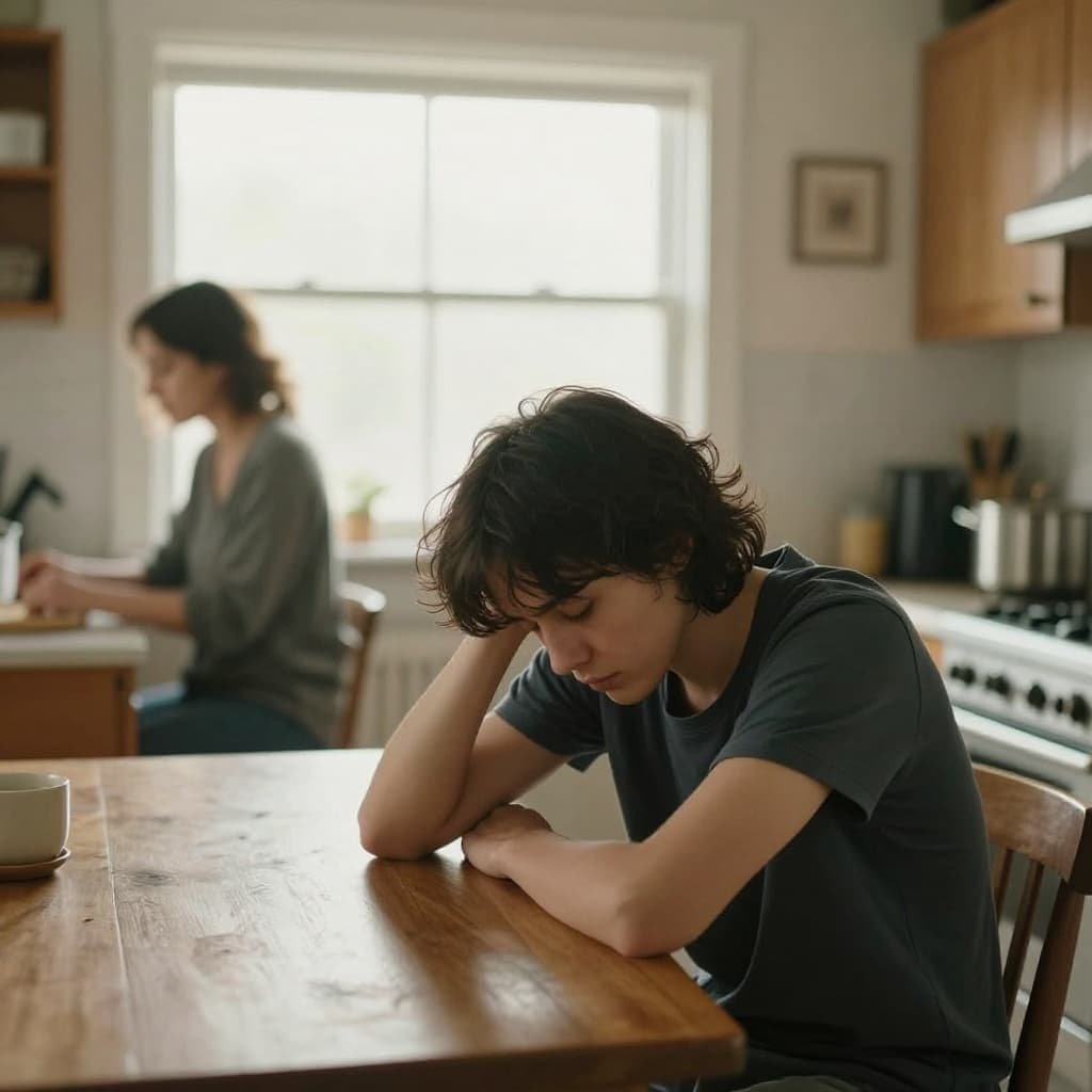 A tired person sits at a kitchen table looking disconnected, with another person blurred in the background.