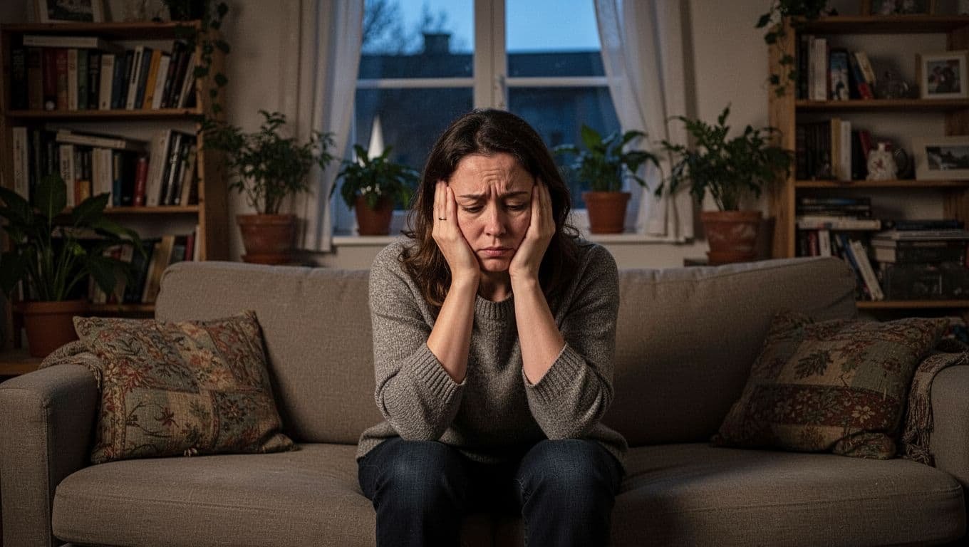 Woman in her 30s sits alone on couch with head in hands, looking hopeless in dim cluttered living room.