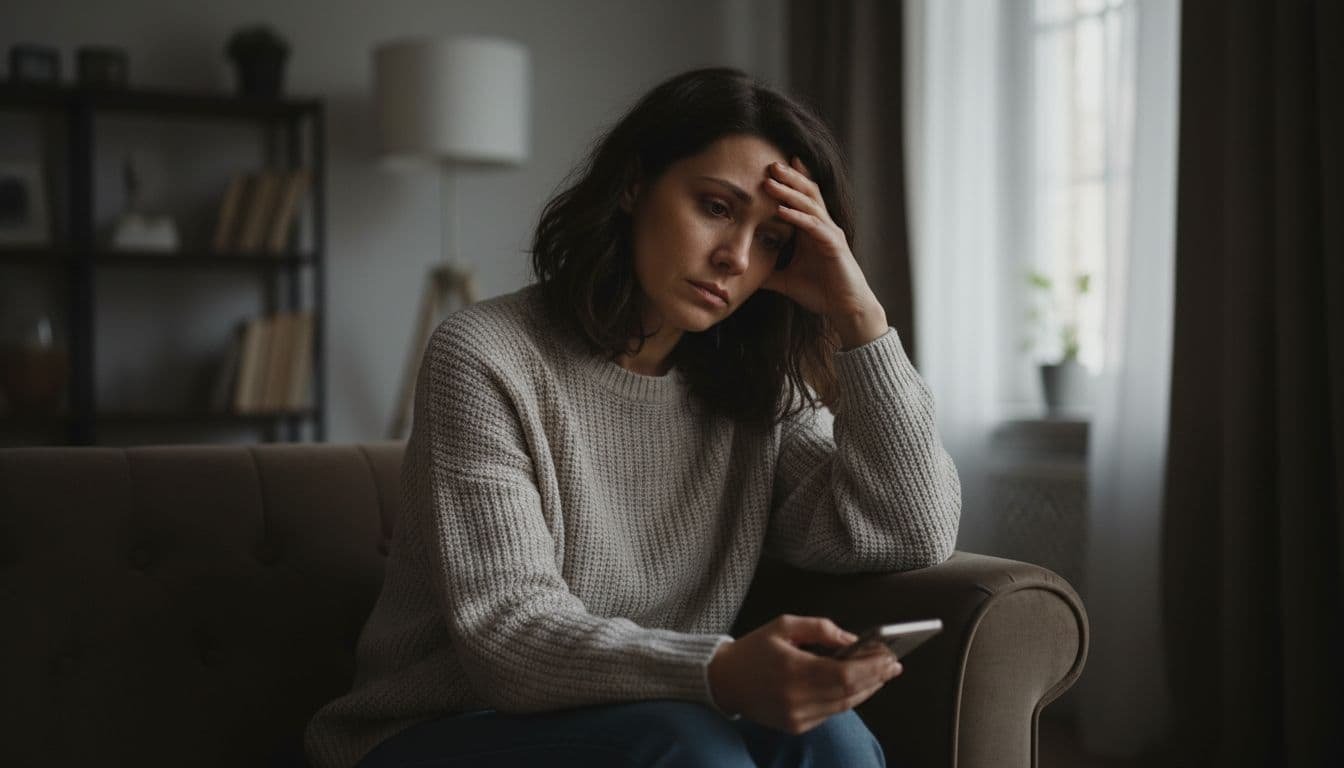 Woman sits alone on couch in dim living room, tired eyes, slumped shoulders, hand on forehead, smartphone on lap.