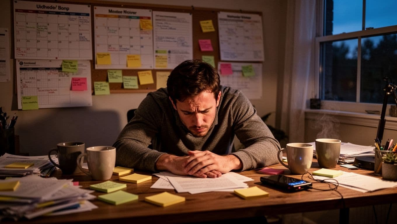 Young adult in mid-20s slumps over cluttered home office desk amid overflowing calendar, sticky notes, empty mugs, and phone notifications in dim evening light.