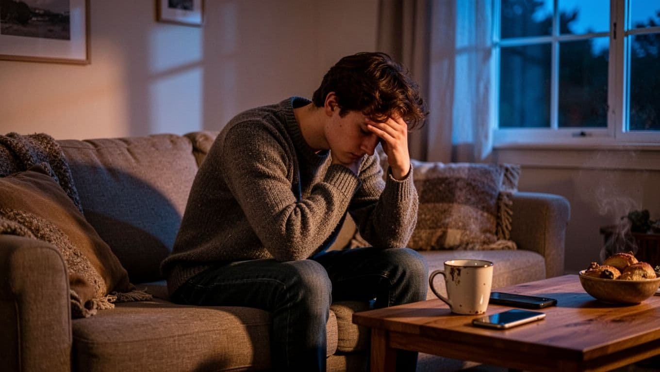 Young adult slumped on living room couch with hand on forehead, empty coffee mug and phone on side table, dim evening light through window.