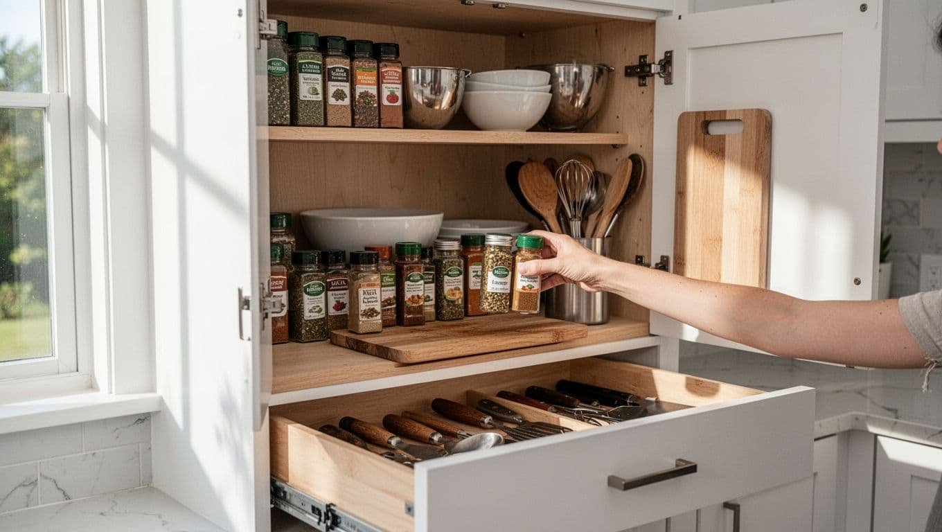 Open eye-level kitchen cabinet stocked with spice jars, bowls, utensils; hand reaches for jar.