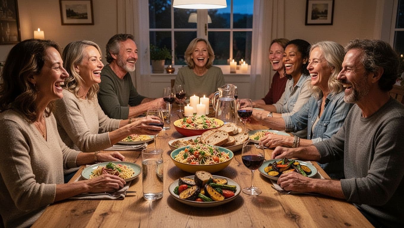 Eight adults laugh and pass shared dishes like pasta salad, bread, and vegetables around a long wooden table in a warmly lit dining room.